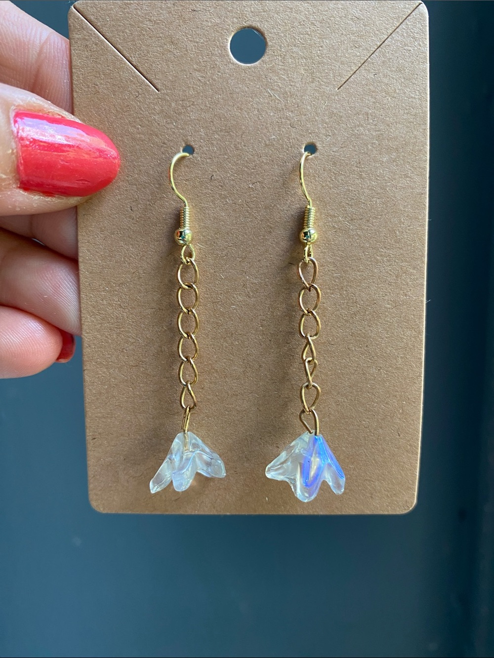 Gold Chain Drop Earrings with Iridescent Flower Charms